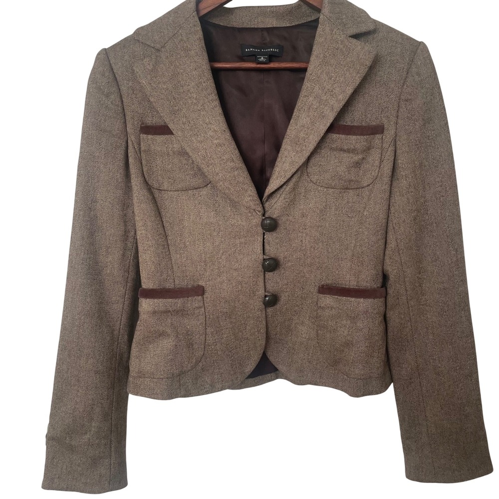 Banana Republic Brown Herringbone Wool Blend Blazer Elbow Patches Sz 6 Academia